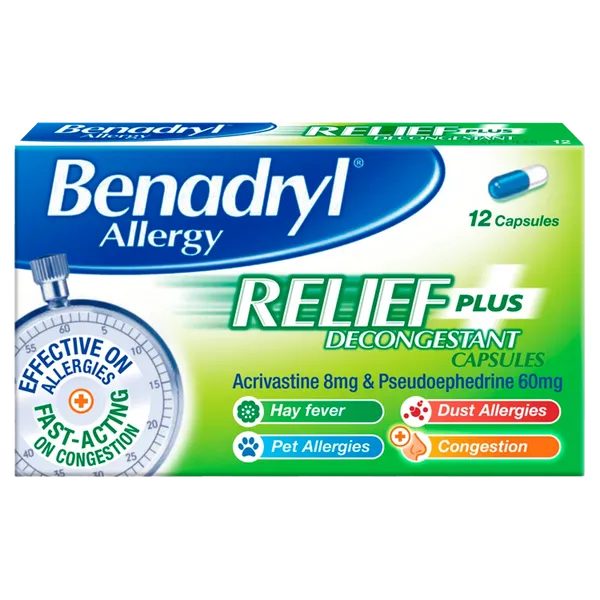 BENADRYL PLUS CAPSULES ALLG/RELIEF (12)