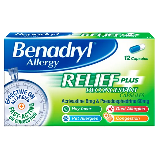BENADRYL PLUS CAPSULES ALLG/RELIEF (12)